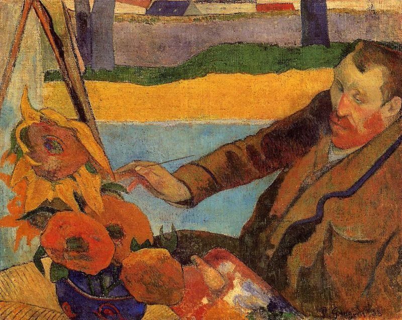 Paul Gauguin Portrait of Vincent van Gogh Painting Sunflowers